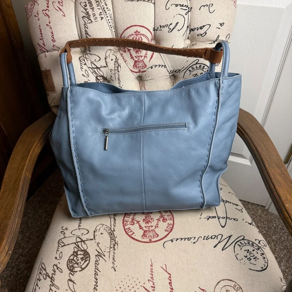 The Sak Los Feliz LG Leather Tote Bag Blue Hobo Brown Strap Slouchy Whipstitch